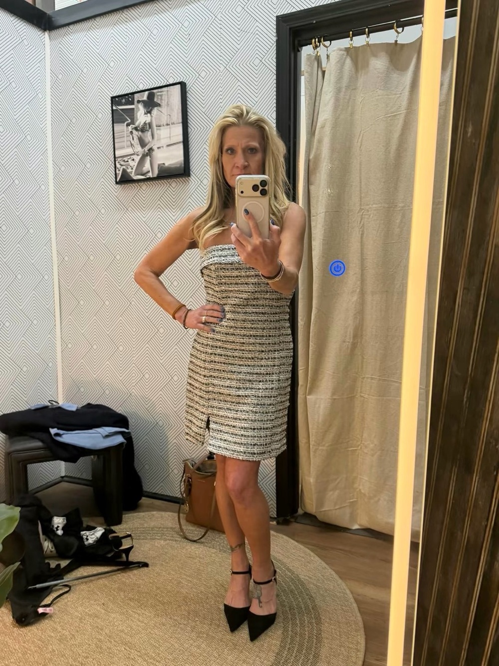 Strapless Tweed Mini Dress in Neutral Multi
